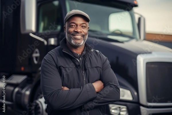 Obraz Smiling black truck driver standing proud in front of his truck with copy space right at sunset. Concept of transporters and truckers workers.