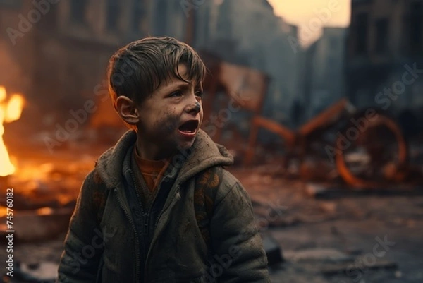 Obraz Sad and lost orphan kid among the ruins of a city destroyed by war, copy space right. Consequences of war on children and defenseless people.