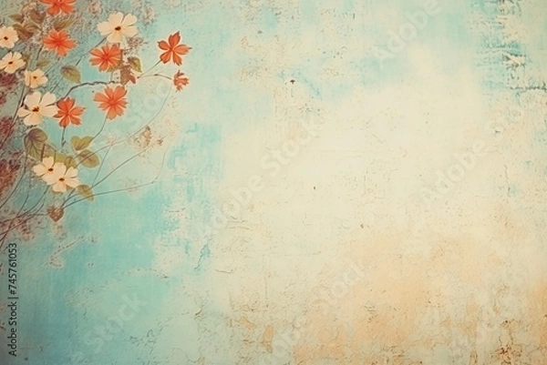 Fototapeta retro background with small summer colorful flowers in vintage style with free space for various inscriptions. antique wall with scuffs in shabby chic style. summer spring laconic natural background