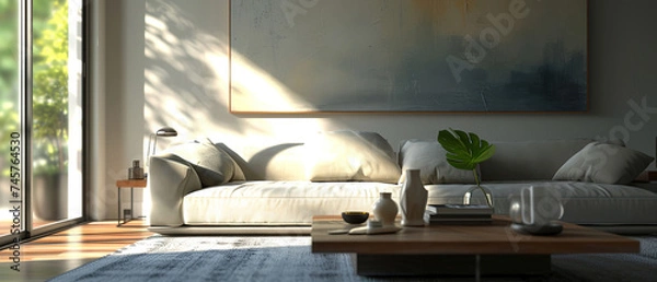 Fototapeta Minimalist living room, modern living advertising