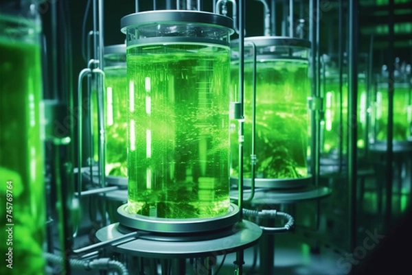 Fototapeta Algae fuel research in a lab for the biofuel industry. Algae-based biofuel is a sustainable alternative to traditional fossil fuels, utilizing algae as a natural resource.