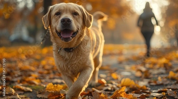 Fototapeta dog running on a leash with a jogging woman in park 
