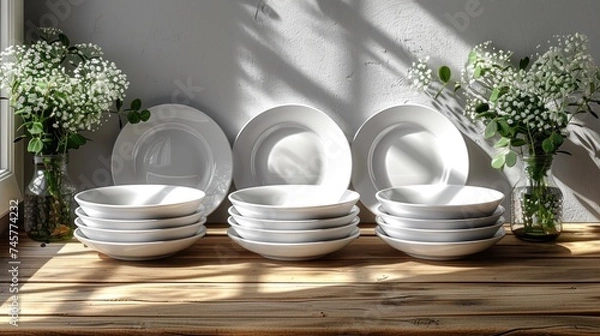 Fototapeta Elegant Front view of 2 stacks of houseware plates and bowls on a white background
