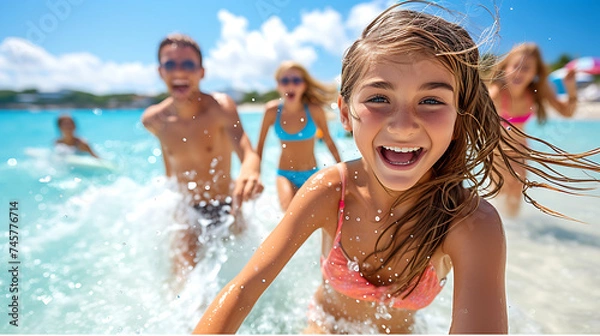 Fototapeta Happy children in swimwear laughing and splashing in crystal clear ocean waters on a sunny day.
