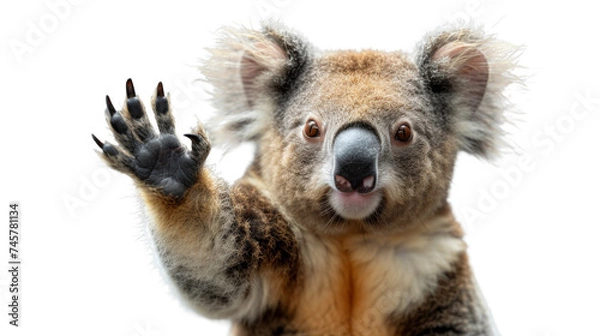 Fototapeta A curious koala bear stands tall with its paw raised, showcasing its fluffy fur and adorable snout as a quintessential terrestrial marsupial in the wild