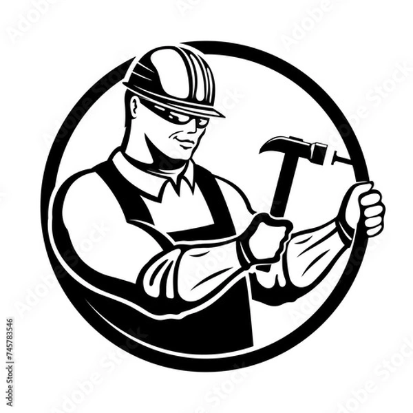 Fototapeta Round icon of worker builder with hammer on white background.