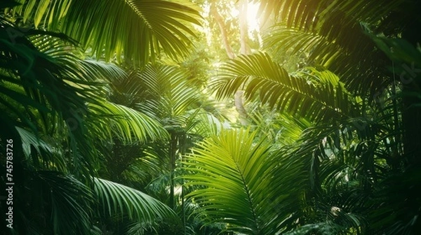 Obraz Lush Green Jungle Foliage Creating a Serene and Tranquil Background in Sunlit Atmosphere