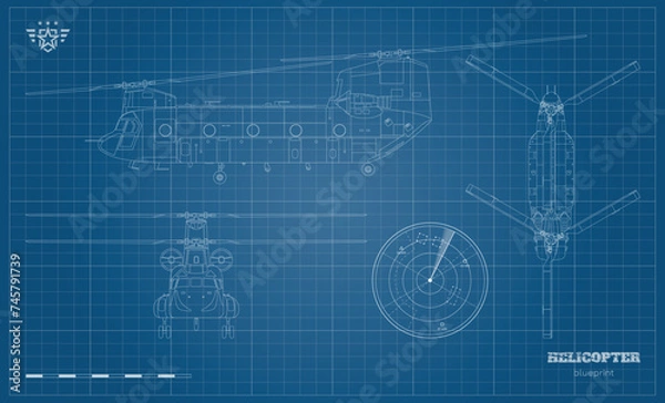 Fototapeta Military transport helicopter. Outline drawing of armed copter. Top, front and side views. Print image. Industrial blueprint of war force aviation. Army cargo vehicle
