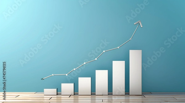 Fototapeta Growing bar chart with arrow on blue wall background.