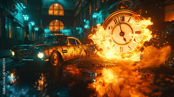 Obraz A car back to the future and a fire clock.