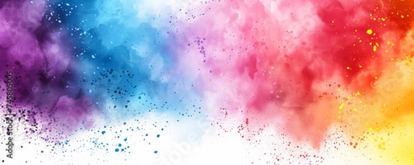 Obraz Abstract colorful rainbow gulal powder, dust, pigment particles smoke spray watercolor. Festive 8k Happy Holi Hindu festival of colours background, greeting card, invitation or banner backdrop.