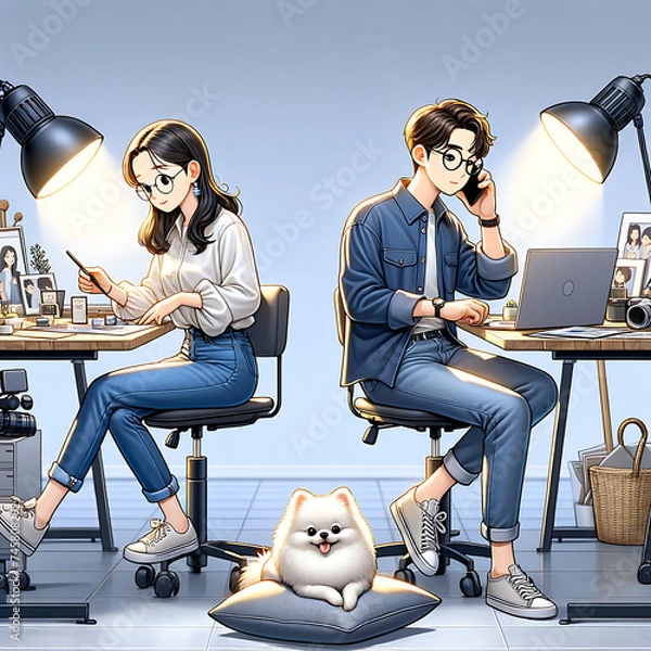 Obraz Work from home office working couple illustration
