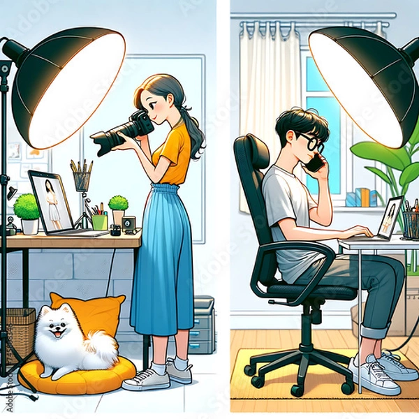 Obraz Work from home office working couple illustration