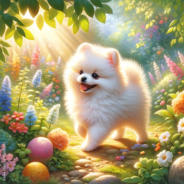 Obraz Illustration of a cute Pomeranian walking in a flower garden