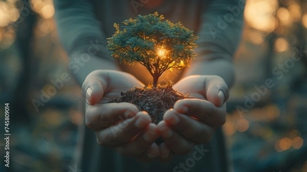 Fototapeta Make an Impact Today - Support Our Cause! Green tree in hands 