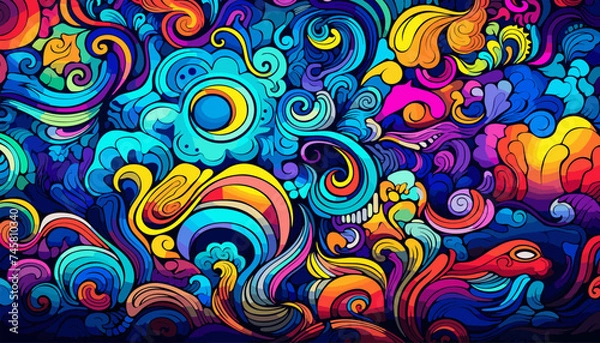 Fototapeta abstract colorful doodle art design, vivid dreamscape pattern seamless background texture vector