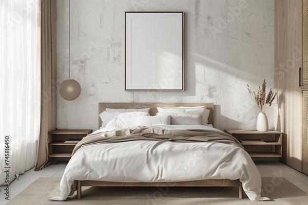 Obraz clean neutral tone bedroom with empty picture frame above white bed, with light through window