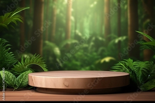 Fototapeta Wooden Podium in Lush Tropical Forest, Showcase Your Product in Paradise