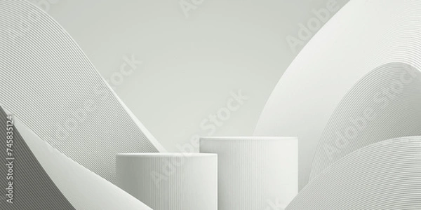 Fototapeta Abstract 3D realistic white background. 3D cylinder pedestal scene for cosmetic,perfume and product display presentation. 3d rendering illustration.