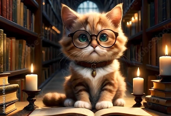Fototapeta A smart cat with glasses reads a book in the evening in the library, a quiet evening by candlelight.