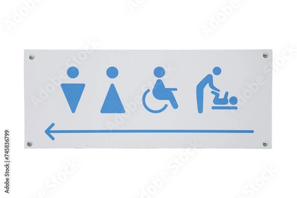 Obraz a gray sign of a public toilet with silhouettes of men, women, the disabled and people with infants, as well as an arrow showing the right direction. Isolated on white background