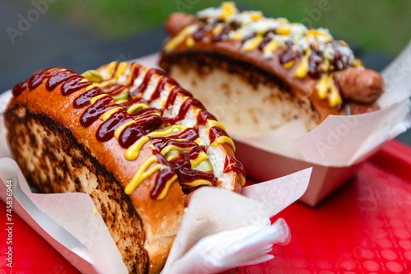 Obraz a snack in the park. Two delicious hot dogs from the food truck. delicious toasted slices of bread and sausage flavored with ketchup and mustard