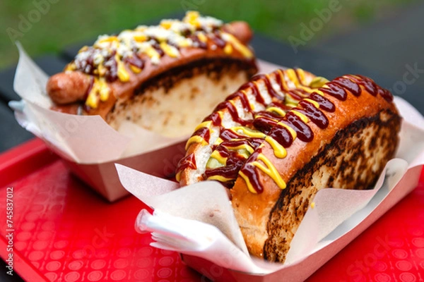 Fototapeta a snack in the park. Two delicious hot dogs from the food truck. delicious toasted slices of bread and sausage flavored with ketchup and mustard