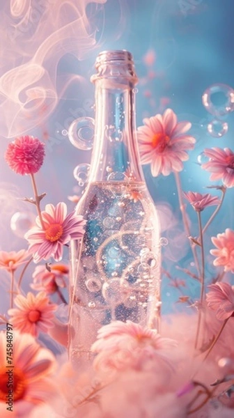 Fototapeta A tranquil and mesmerizing image of a bottle filled with sparkles and surrounded by flowers, evoking wonder