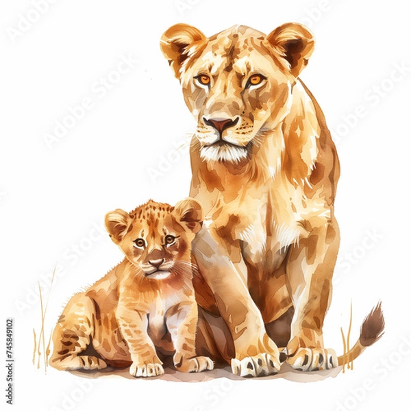 Fototapeta Watercolor cartoon illustration of a regal lioness and her cub, isolated on a white background