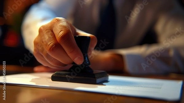 Fototapeta Closeup businessman hand is stamping on documents for a business contract