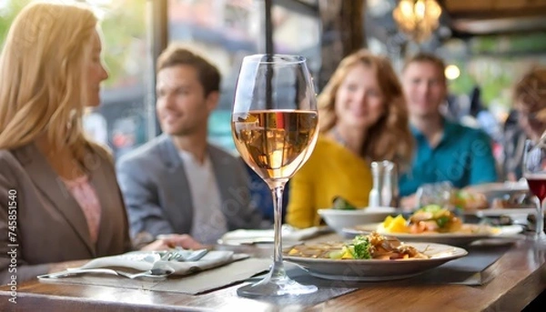 Fototapeta at a table in a restaurant (meeting of friends or corporate event) - a glass of white wine is in focus, the background with people is blurred