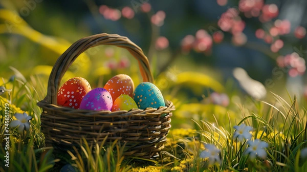 Fototapeta Basket with easter eggs in the grass on the background of spring flowers