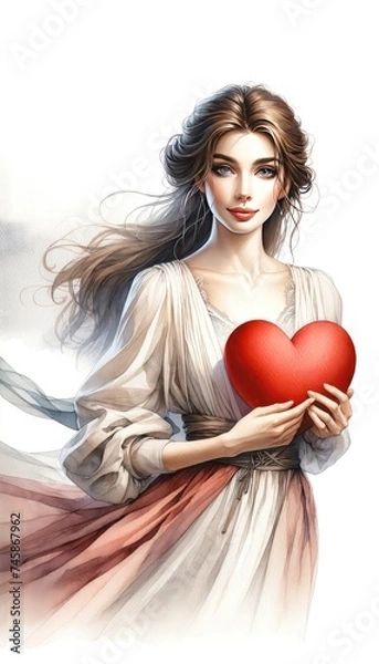 Fototapeta Watercolor painting of a woman with a red heart