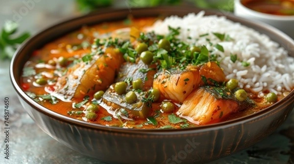 Fototapeta Savory Delight: Fresh Fish Stew with Vibrant Vegetables and Rich Broth