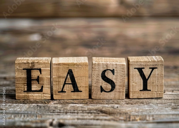 Fototapeta Wooden Blocks Spelling 'EASY' on Rustic Table with Blurred Background