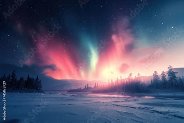Obraz  Breathtaking view of the Northern Lights Aurora Borealis over a serene snow covered landscape vibrant colors dancing across the night sky capturing the magical and ethereal atmosphere high
