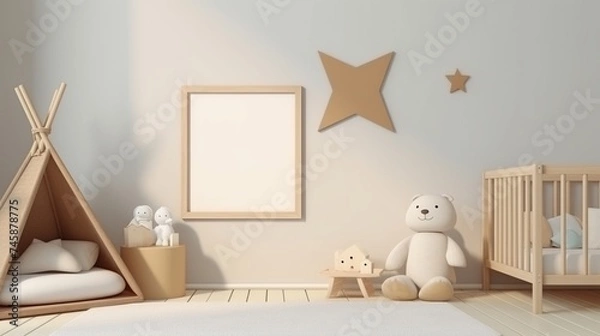 Fototapeta Cozy children room interior with wooden toys, furniture and black picture frame mockup. Farmhouse style interior design concept.