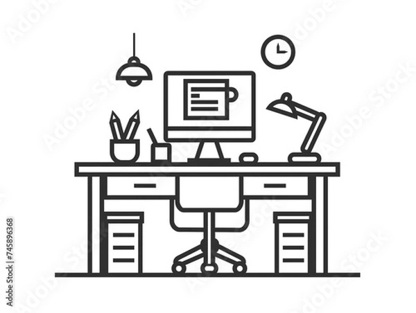 Fototapeta Outline icon of office personal work station. Black line with a white background.