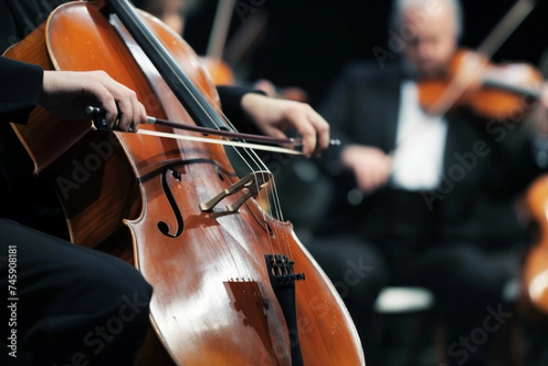 Fototapeta cellist in orchestra pit, conductor blurred in distance