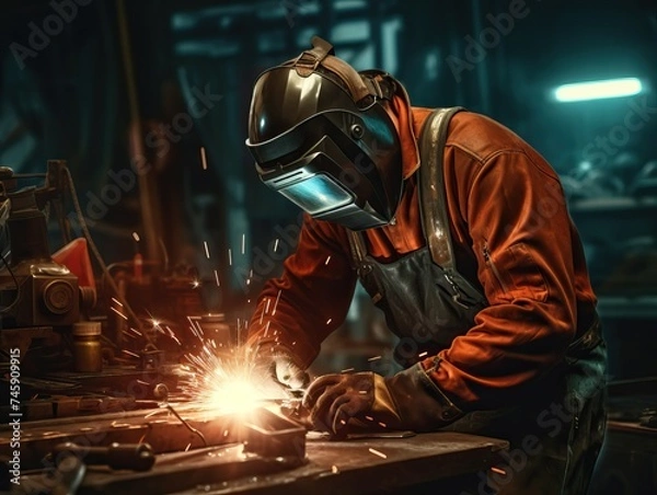 Fototapeta Experienced welder in protective clothing and helmet working in industrial workshop. Concept of skilled labor, manufacturing, and fabrication process.