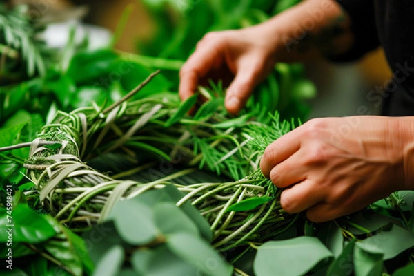 Fototapeta person weaving greenery into a wreath