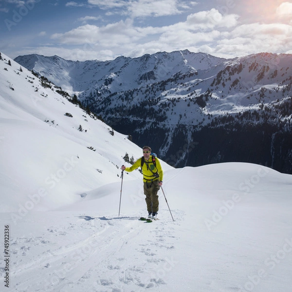 Fototapeta Man on mountain ski tour in the snow on sunny day, winter mountain panorama in background.