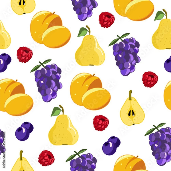 Fototapeta Seampless pattern with  grapes, raspberries, apricot, pear on a  white background. Cute vector background. Summer fruits illustration.