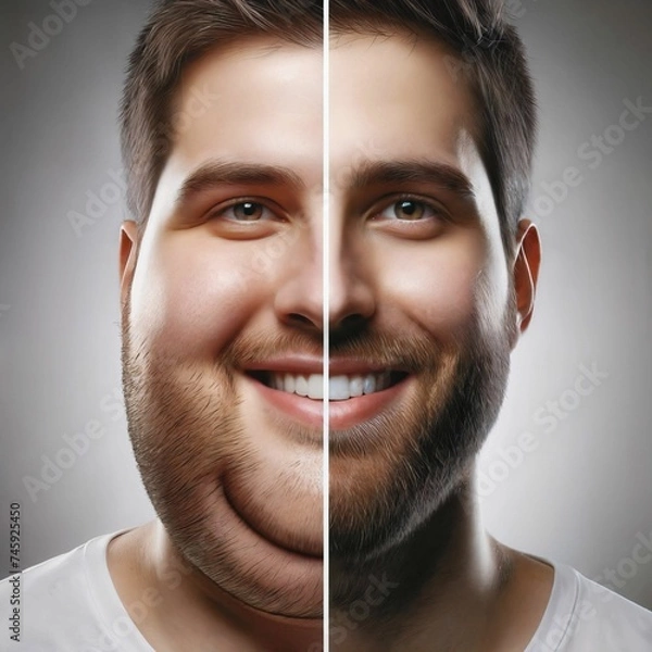 Fototapeta Comparison of man before and after lifestyle change. Fitness and healthy nutrition. Healthy living. Vegan. Regular exercise. Transformation. Weight loss. Loosing Fat. Liposuction. Generative AI