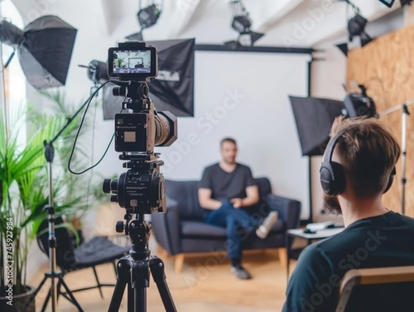 Obraz A content creator filming a promotional video for a product launch in a studio
