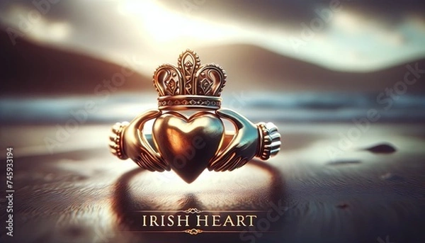 Fototapeta "Claddagh Ring with 'Irish Heart' Typography: Symbol of Love and Loyalty"