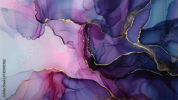 Fototapeta Abstract alcohol ink painting texture in purple pink tones with golden splashes