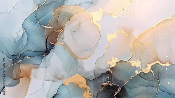 Fototapeta Abstract alcohol ink painting texture in beige tones with golden splashes