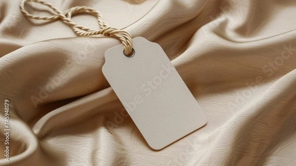 Fototapeta White clothing tag on beige fabric background, blank label mockup template, design concept
