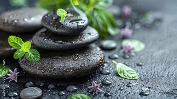Fototapeta Close-up of black Zen stones with dewy green leaves and water droplets, symbolizing tranquility and spa relaxation.